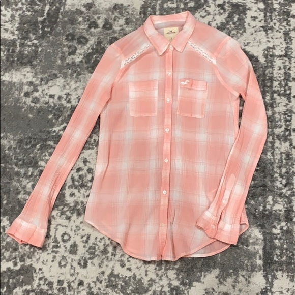 5 for $25 Hollister | coral/white plaid crinkle button down‎ - Picture 1 of 6